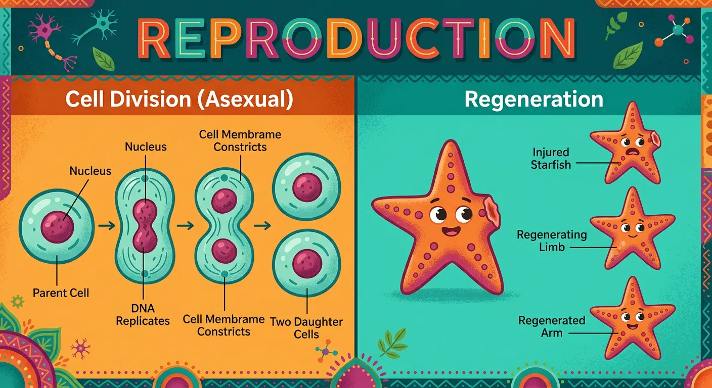 Diagram showing binary fission in unicellular organisms, representing growth and reproduction.
