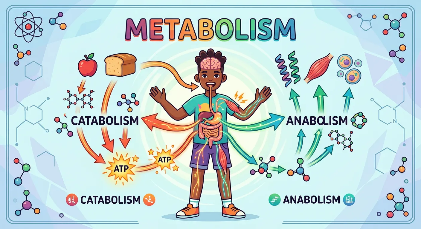 Diagram of metabolic pathways showing anabolism and catabolism.