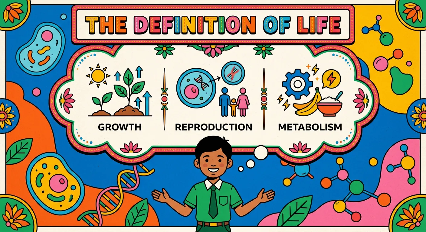 Summary graphic showing the defining features of living organisms for NEET exam review.