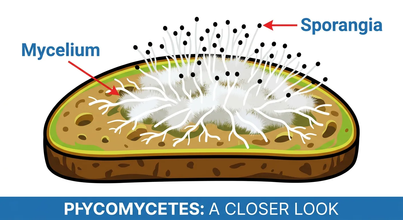 Structure of Rhizopus showing sporangium and coenocytic hyphae.