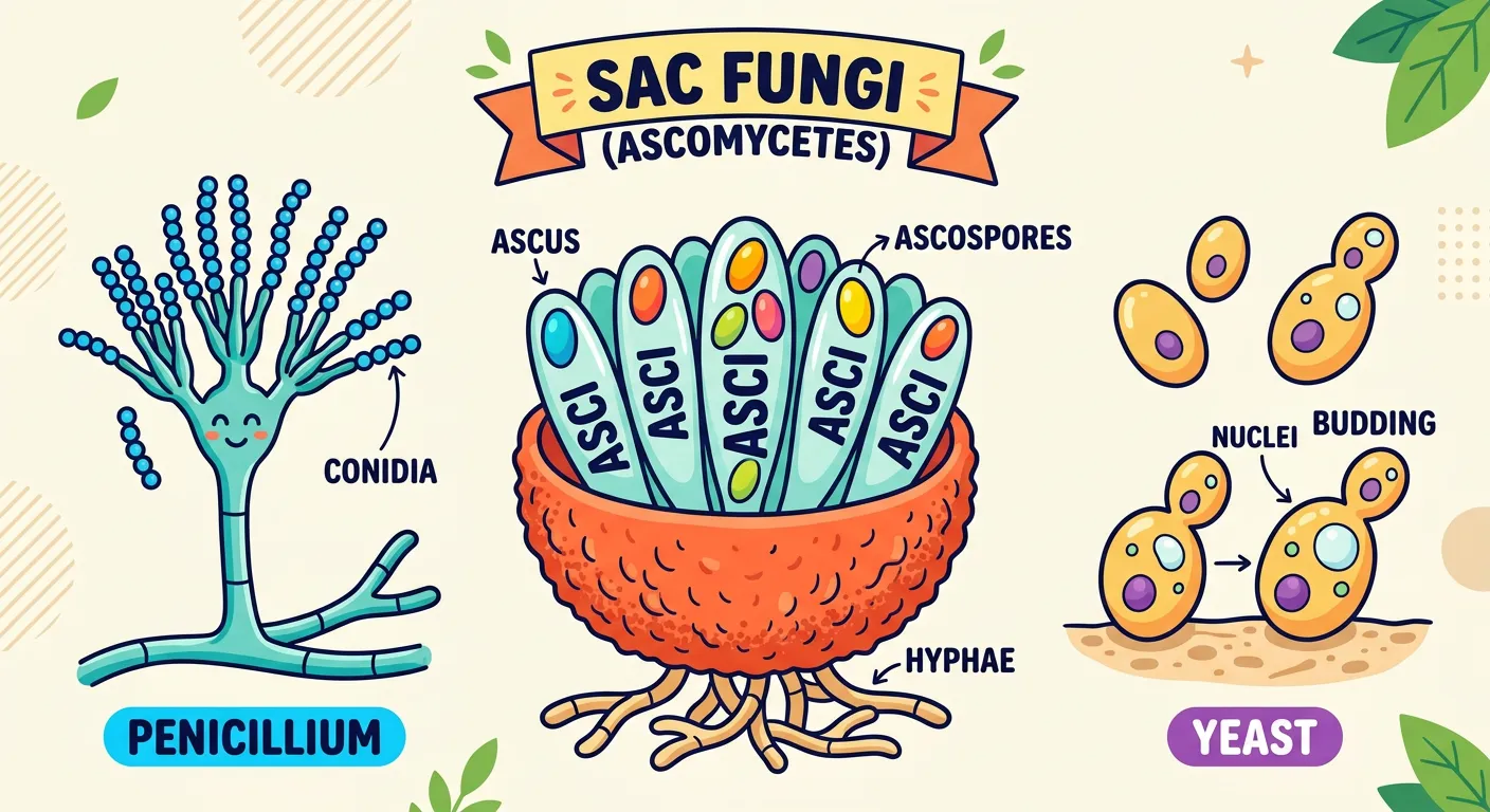 Microscopic view of Penicillium and its conidia.