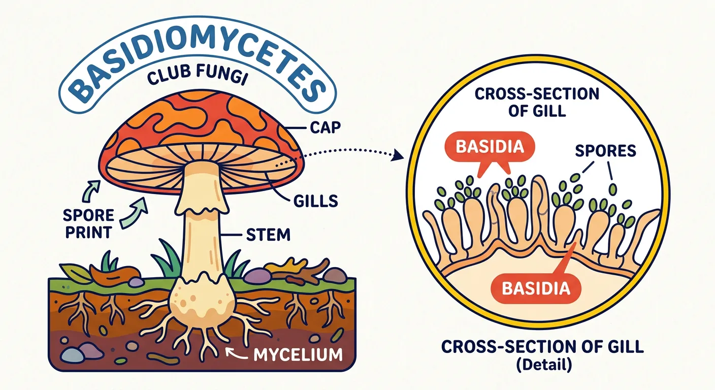 Agaricus mushroom showing the cap, gills, and stalk.