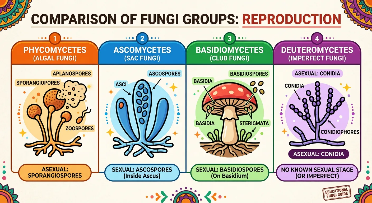 Comparison chart of the four fungal classes: Phycomycetes, Ascomycetes, Basidiomycetes, and Deuteromycetes.