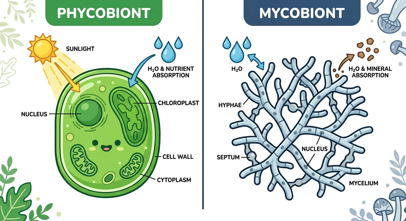 Diagrammatic cross-section of a lichen thallus showing the fungal layer and the algal layer.
