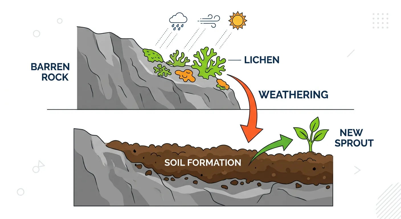 Lichens growing on a large rock, showing the early stages of biological weathering.