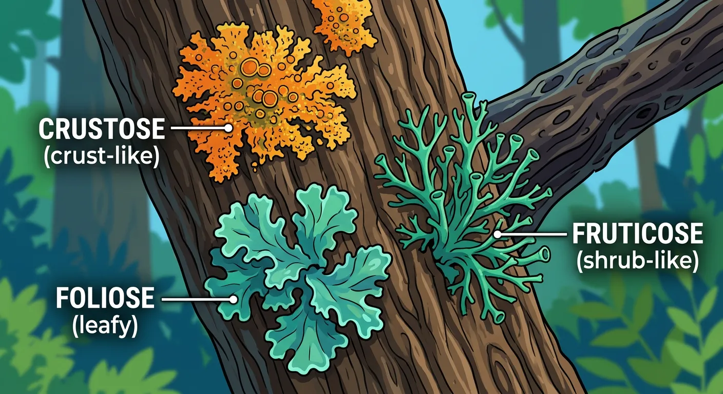 Three images showing Crustose (flat), Foliose (leafy), and Fruticose (shrubby) lichens side-by-side.
