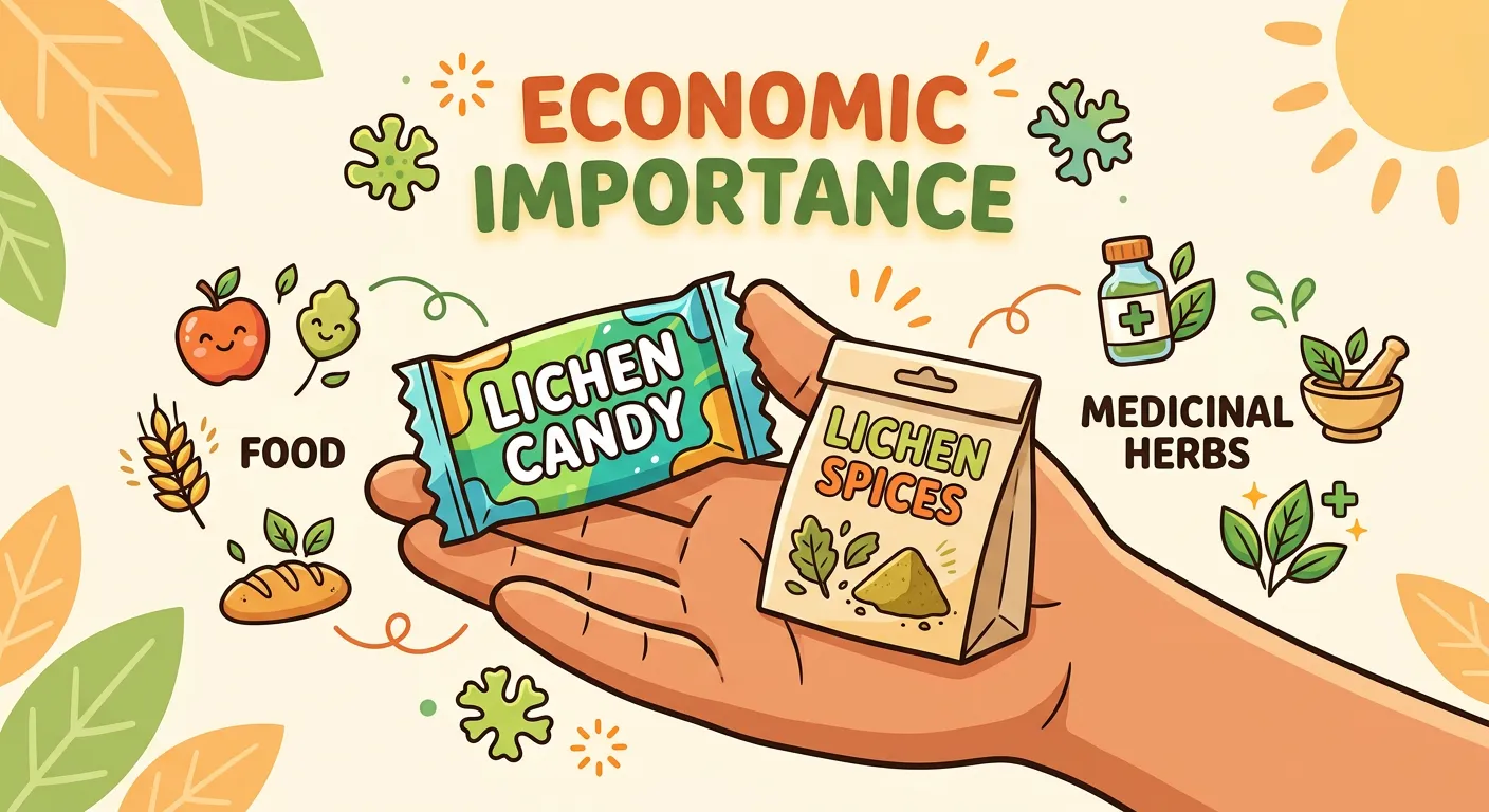 Assorted products from lichens: Litmus paper, usnic acid bottle, and spices.