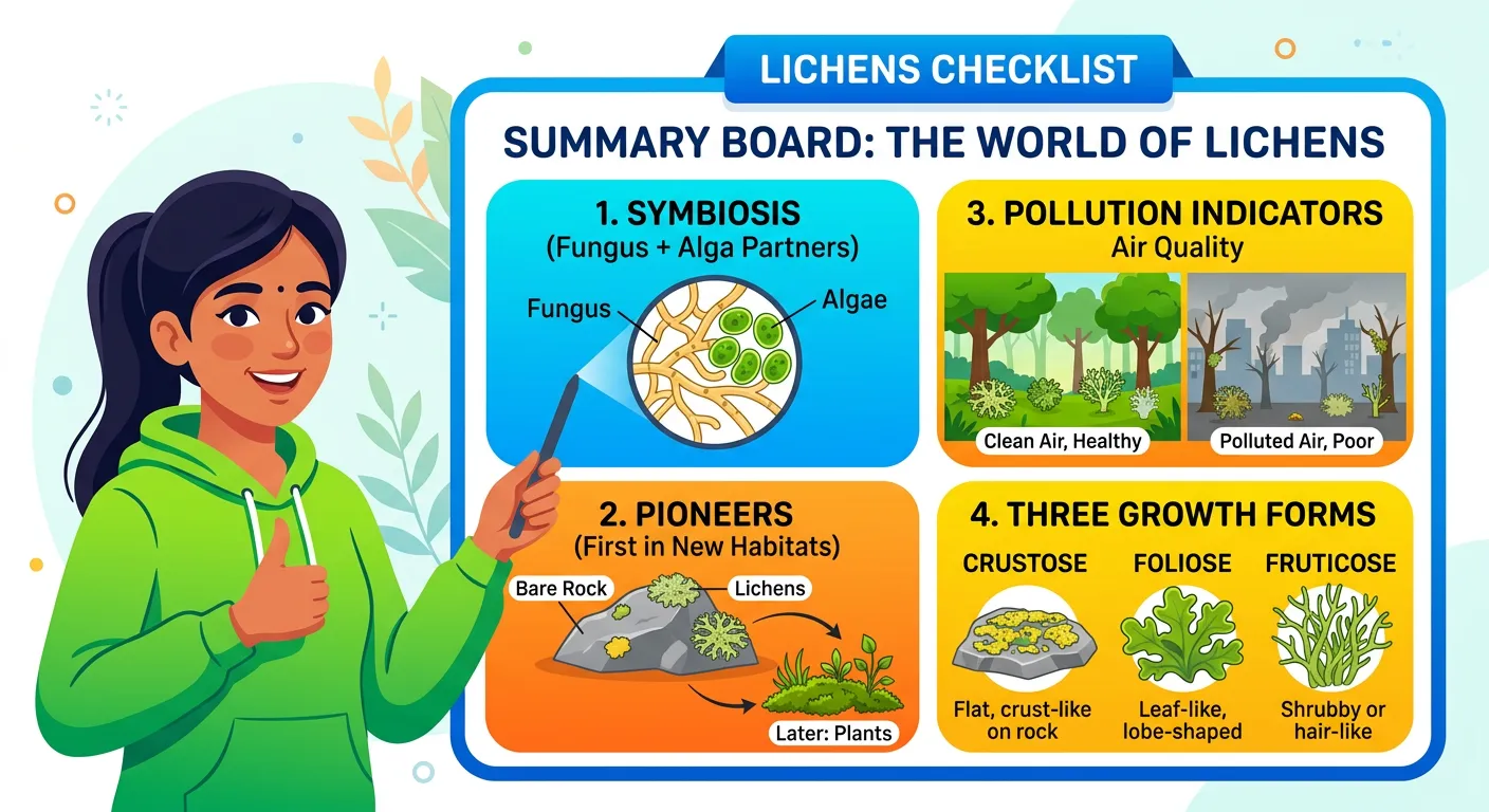 Infographic summarizing the key high-yield facts about lichens for NEET preparation.