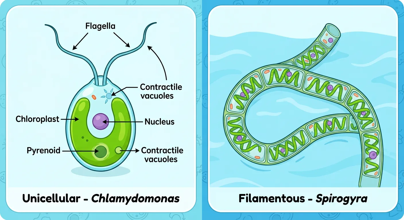 Microscopic images of Chlamydomonas, Volvox, and Spirogyra.
