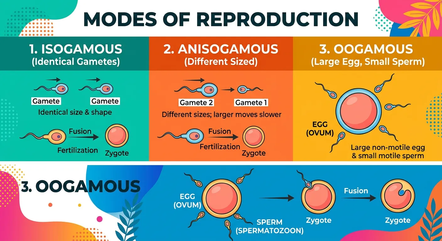 Diagram of isogamous, anisogamous, and oogamous reproduction.