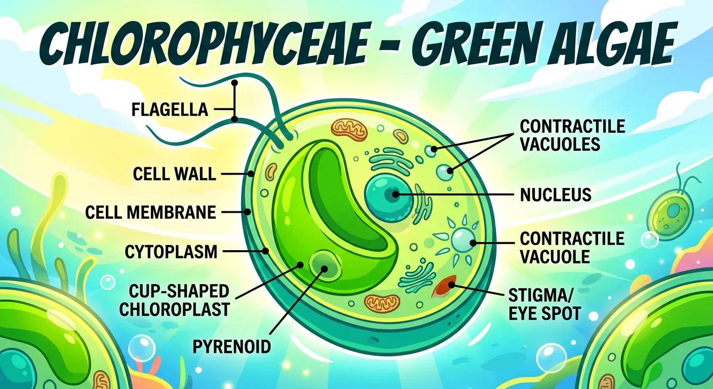 Microscopic view of green algae and pyrenoid structure.