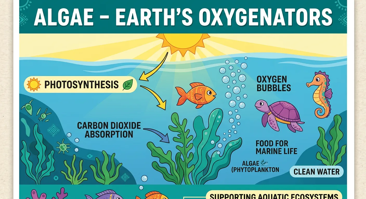 Infographic showing uses of algae in food, industry, and space.