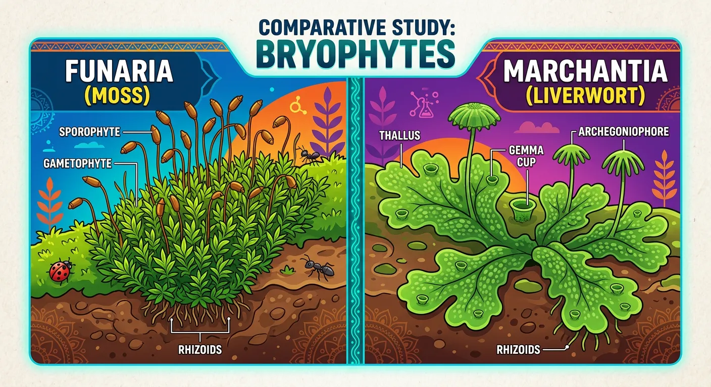 Illustrations of Marchantia (Liverwort) and Funaria (Moss)