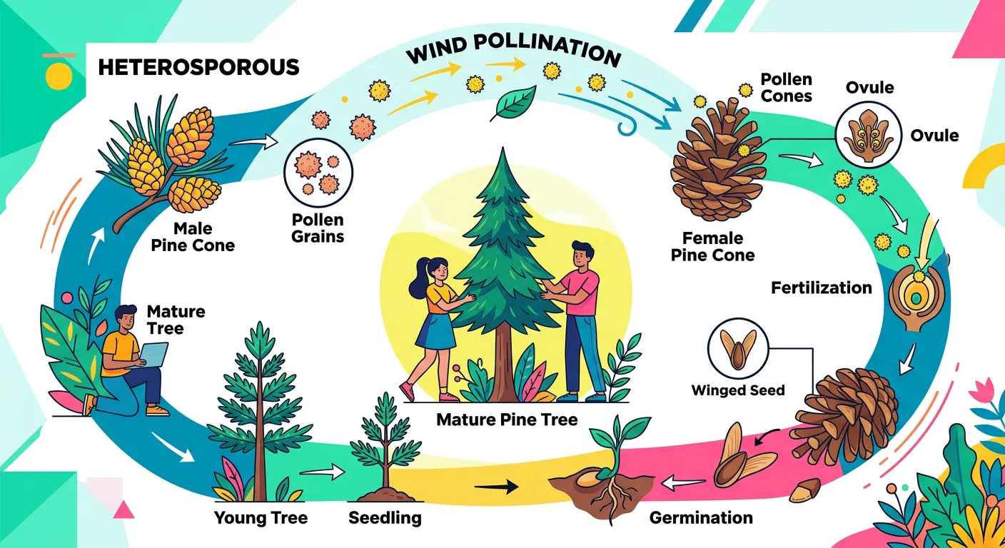 Diagram of gymnosperm life cycle showing microspores and megaspores