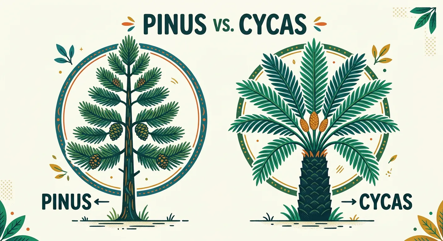 Side-by-side comparison of Pinus tree and Cycas plant