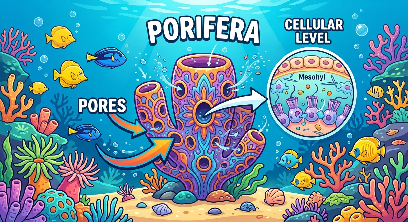 Illustration of a sponge showing the water canal system, ostia, and choanocytes.