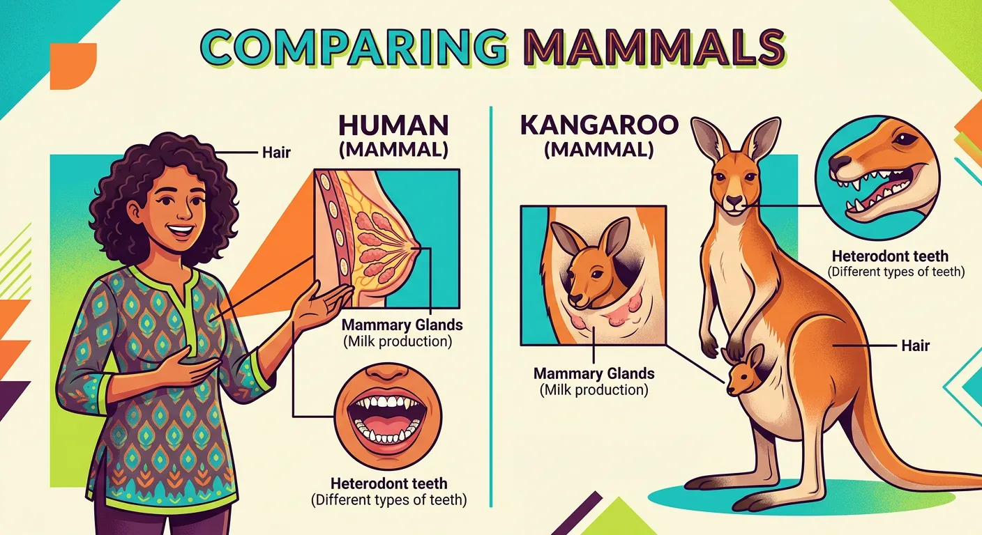 Diagram of mammalian features including mammary glands and hair