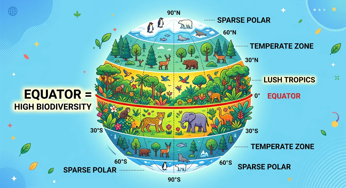 Visualization of latitudinal gradient showing high diversity in tropics.