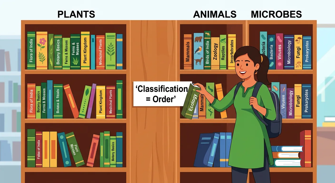 A library analogy showing books organized by genre representing biological groups.