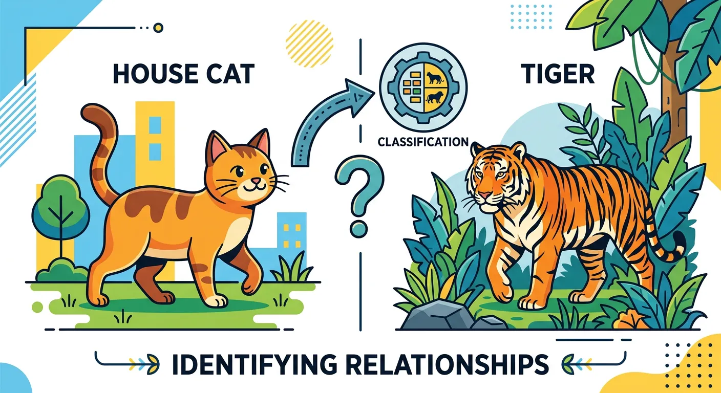 A comparison between a house cat and a tiger showing shared traits.