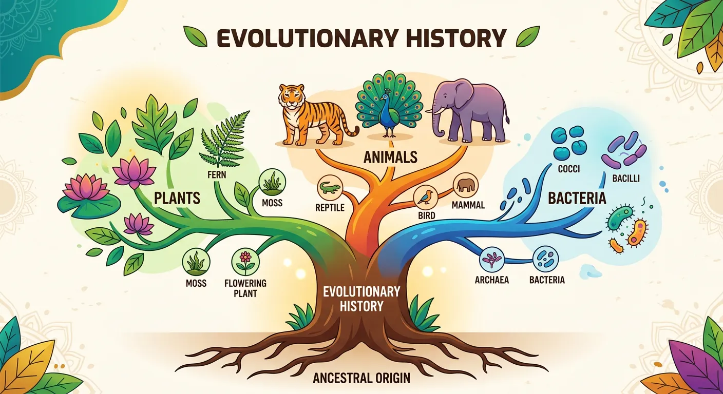 An evolutionary tree showing the progression from simple to complex life forms.