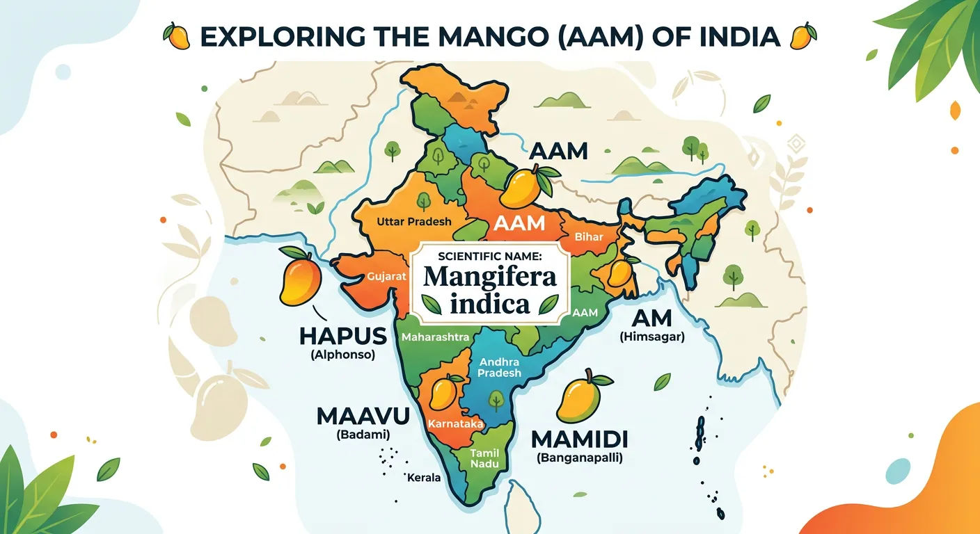 A diagram showing the different local names for mango versus its one scientific name.