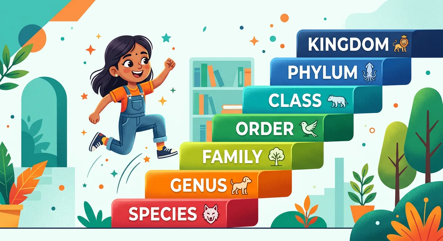 The seven taxonomic ranks shown as a pyramid from Kingdom at the top to Species at the bottom.