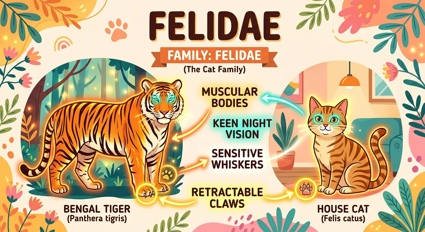 Comparison of a house cat and a tiger showing their shared Family Felidae.