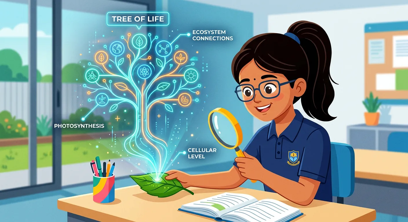 An encouraging concluding image showing a student successfully navigating a path through biological diversity.