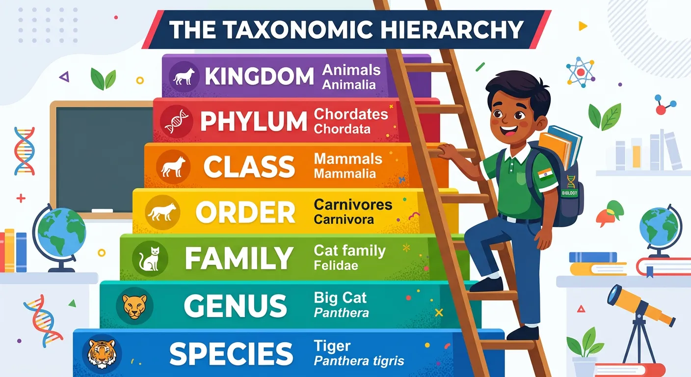 Diagram of the seven obligate taxonomic categories from Species to Kingdom.