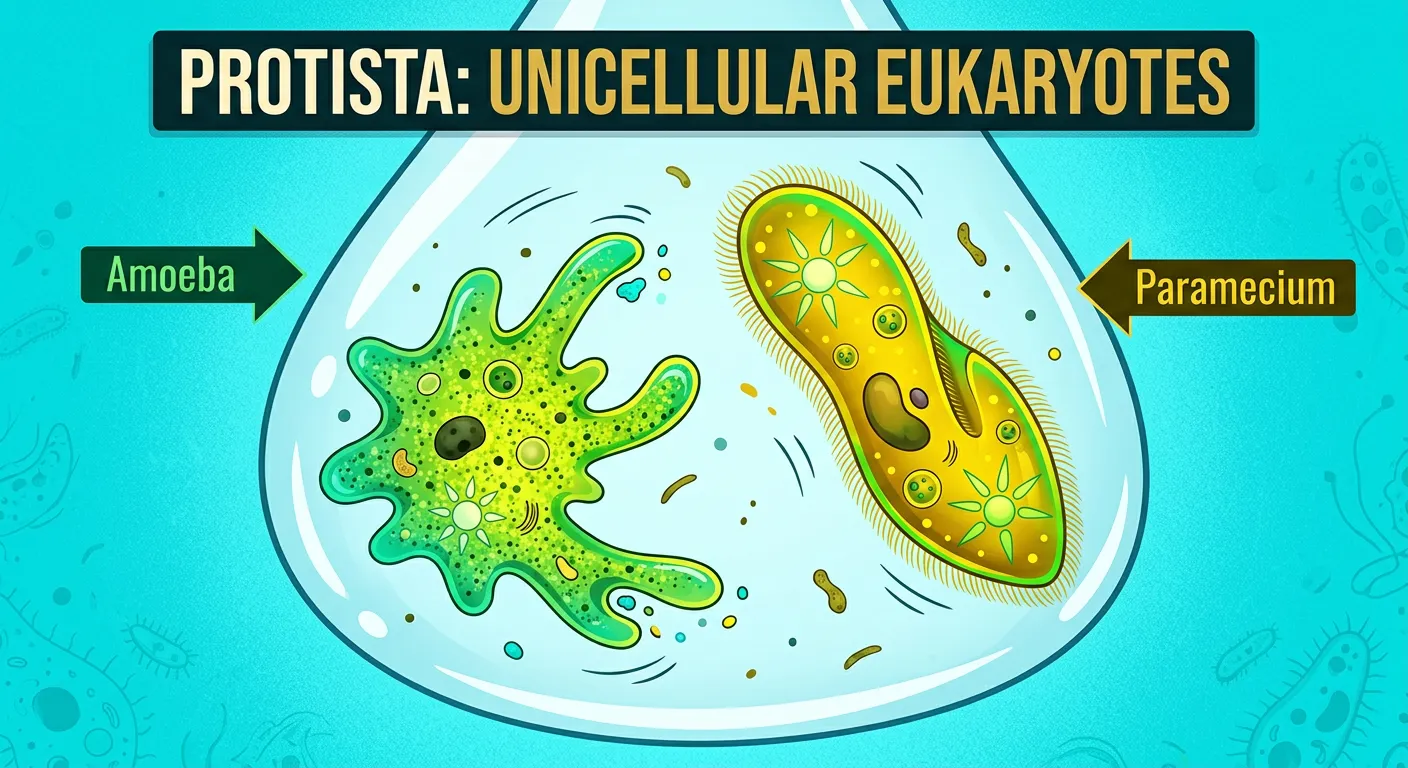 Illustrations of Amoeba, Euglena, and Paramecium highlighting their unicellular structures.