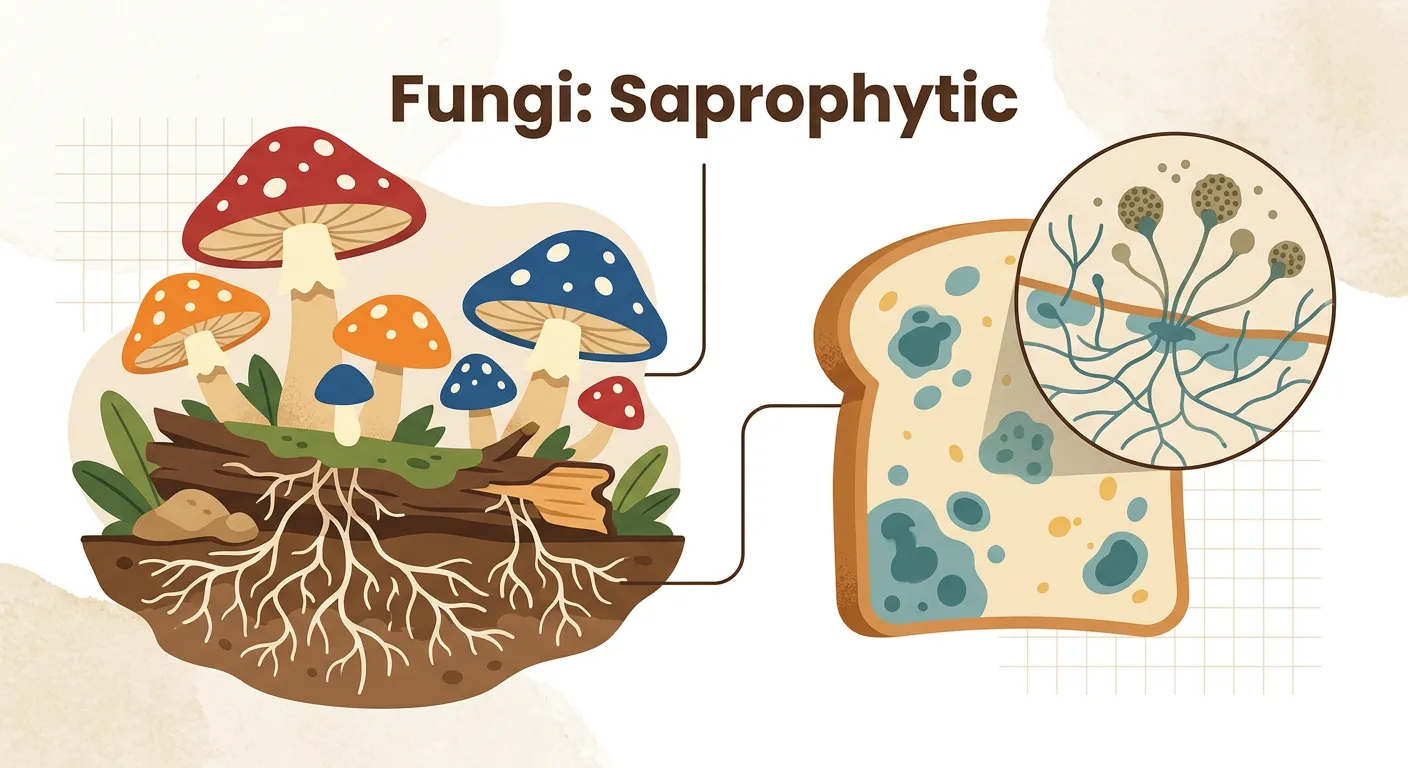 Image showing various fungi including mushrooms, bread mold, and yeast.