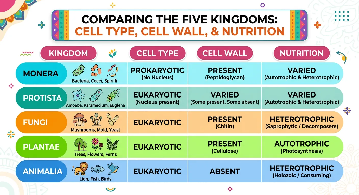 Comprehensive table comparing cell type, cell wall, and nutrition across all five kingdoms.
