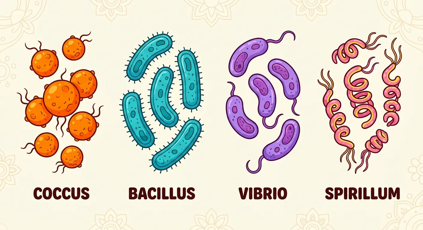 Illustration showing Coccus, Bacillus, Vibrio, and Spirillum shapes.