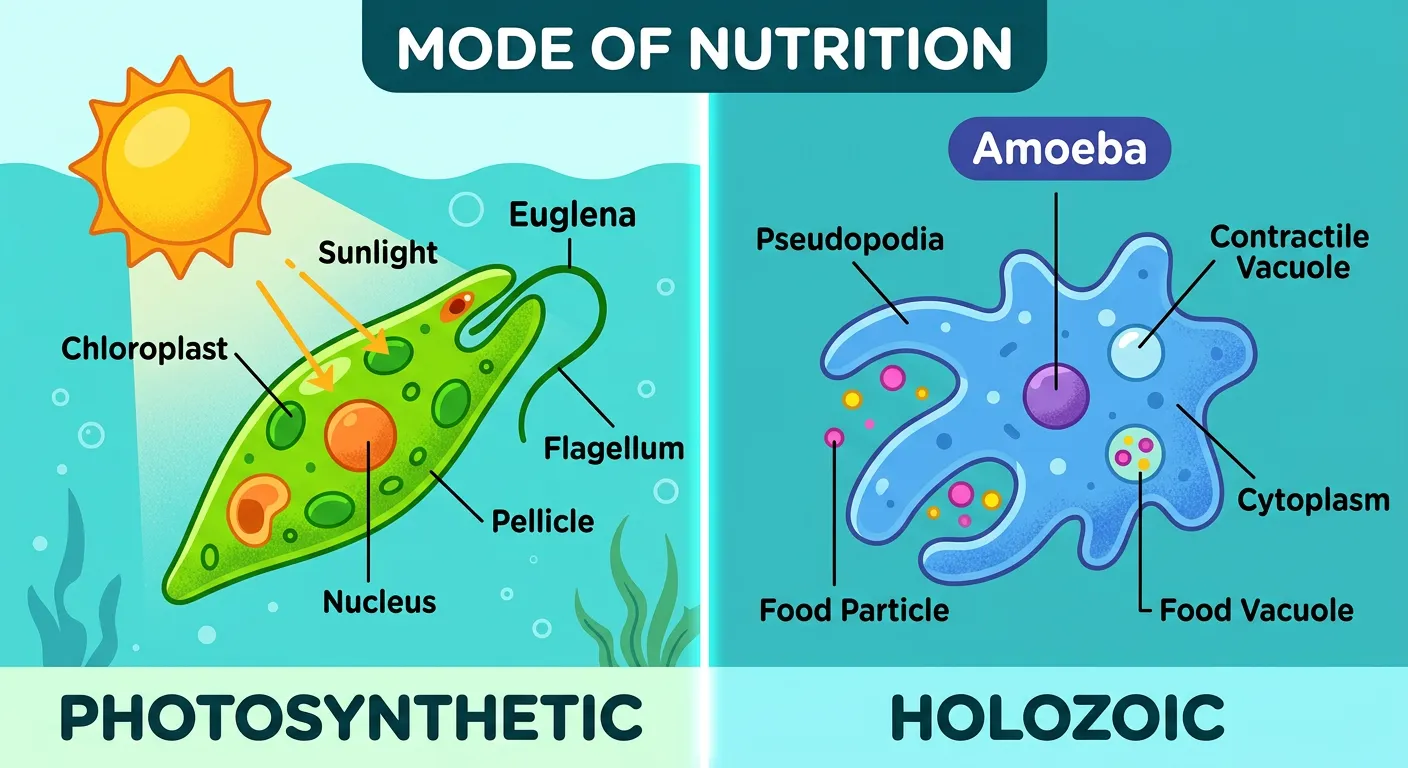 Illustration showing different nutritional modes: photosynthesis vs heterotrophy.