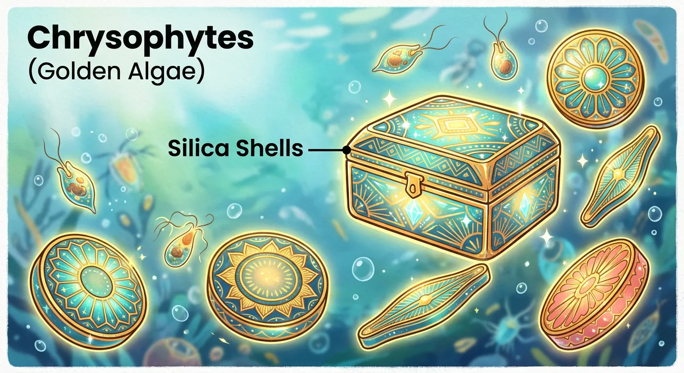 Microscopic image of diatoms showing their geometric silica shells.