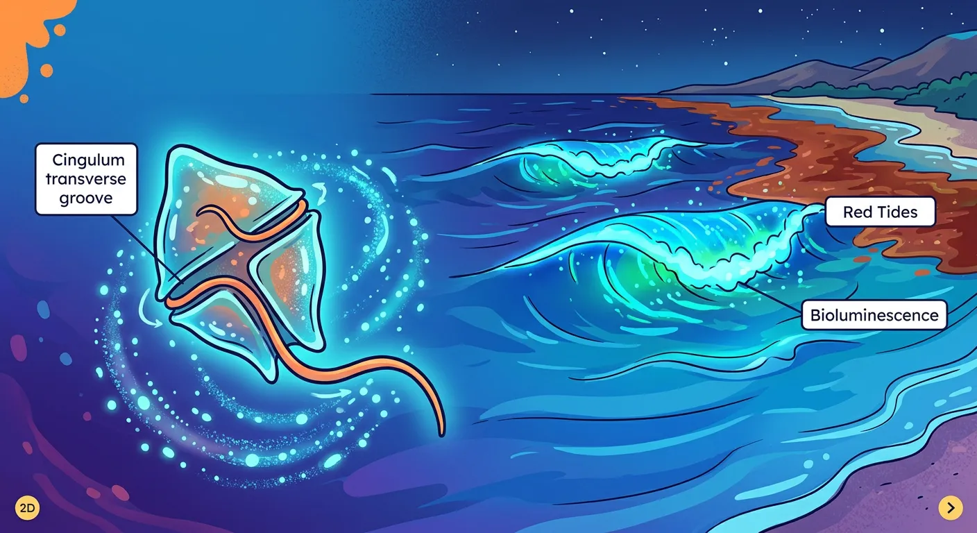 Diagram of a dinoflagellate showing cellulose plates and two flagella.