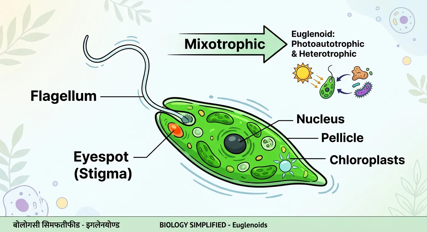 Microscopic view of Euglena showing its green color and flagellum.