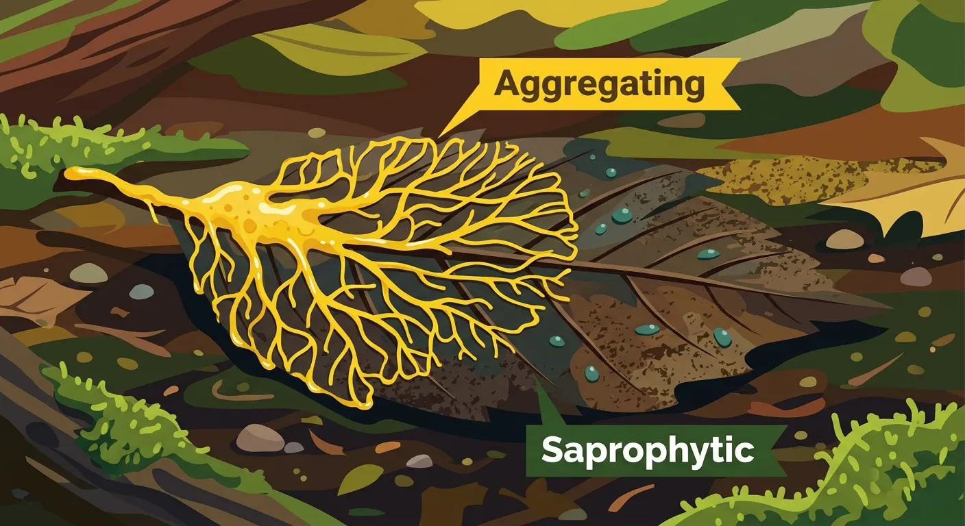 Yellow slime mold spreading over a decaying log in a forest.