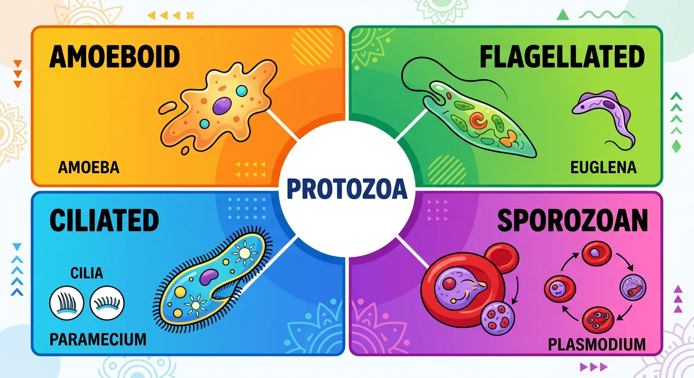 Microscopic view of Paramecium showing cilia and Plasmodium in red blood cells.