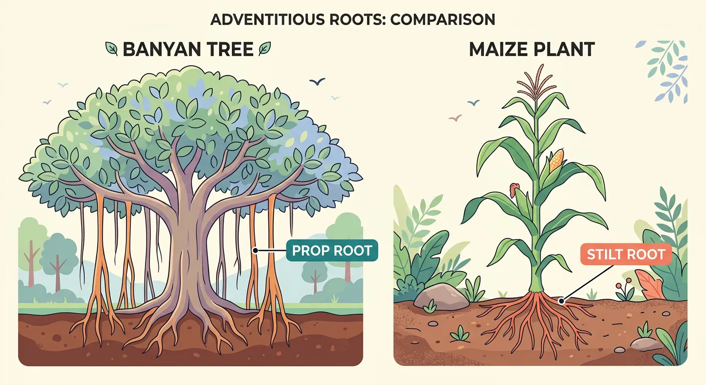 Images of Prop roots in Banyan and Stilt roots in Maize