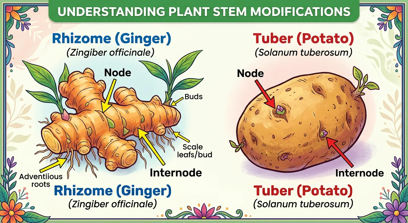 Diagrams of underground stems like ginger rhizome and potato tuber