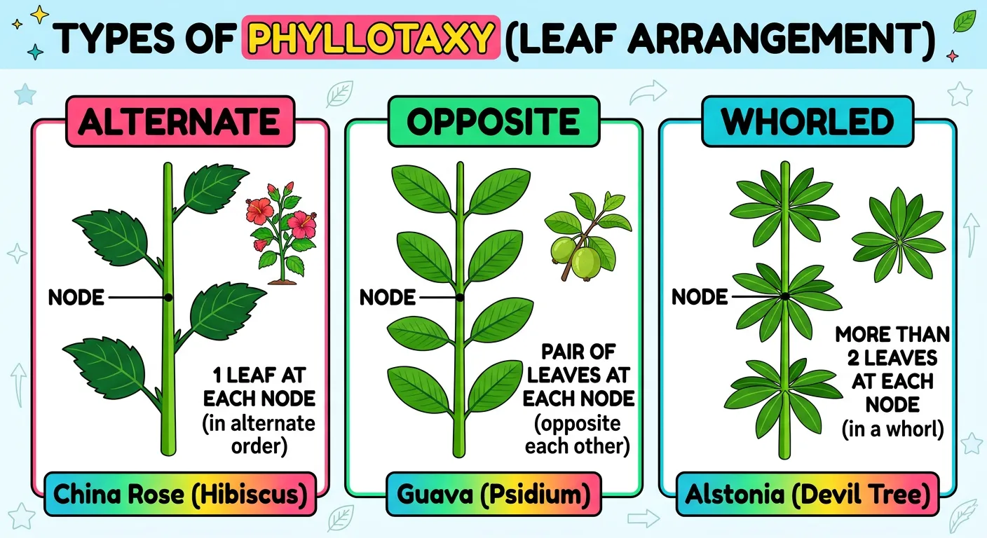 Diagram showing Alternate, Opposite, and Whorled phyllotaxy
