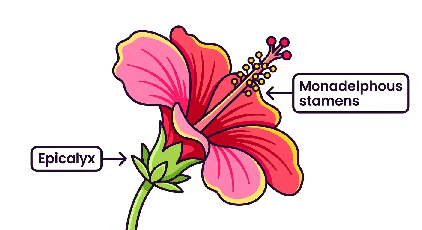 Hibiscus flower showing the staminal tube and epicalyx.