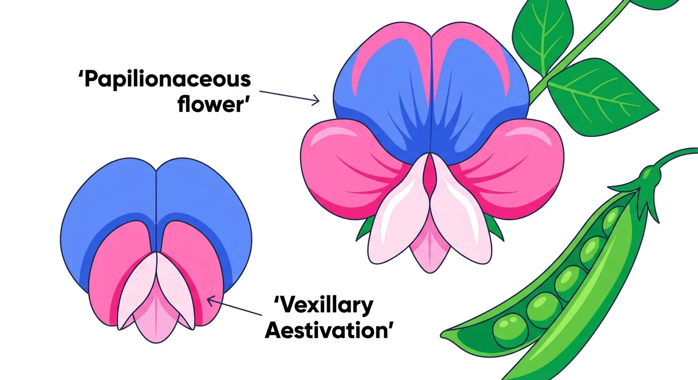 The structure of a papilionaceous pea flower.