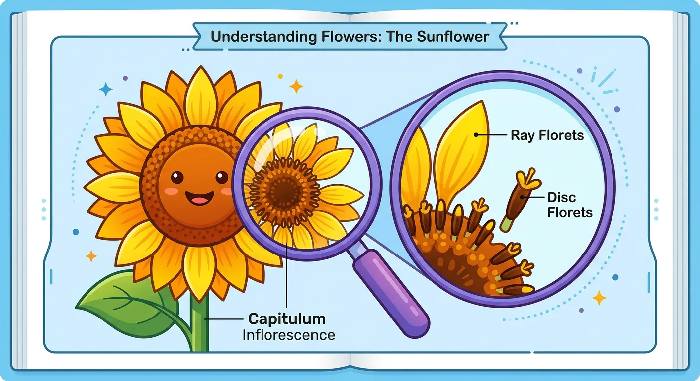 Sunflower showing the capitulum inflorescence structure.