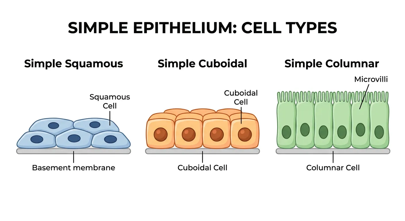 Illustrations of Squamous, Cuboidal, and Columnar epithelial cells.
