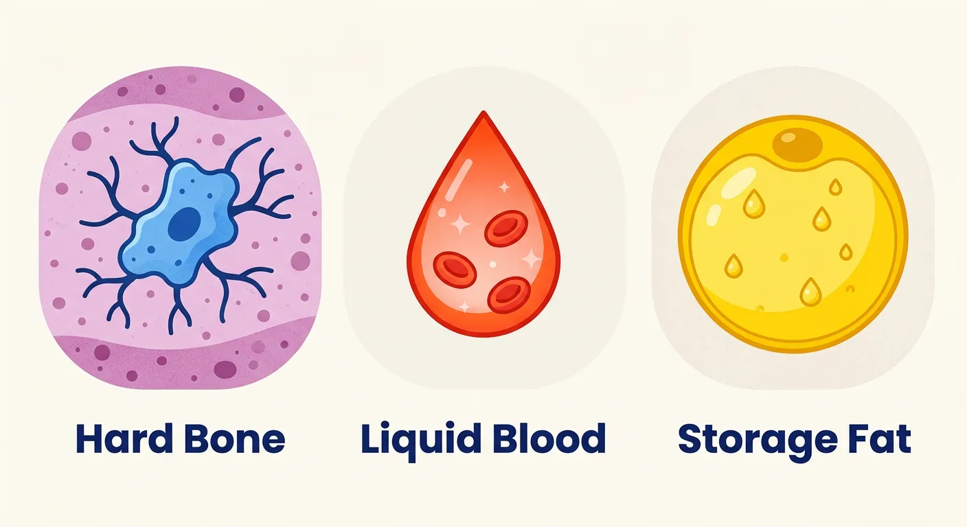 Microscopic view of different connective tissues including bone, blood, and adipose.