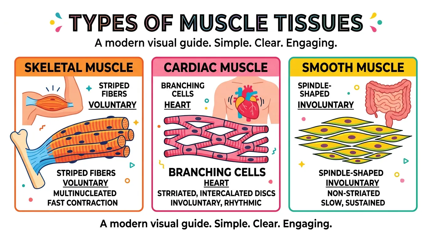 Comparison of skeletal, smooth, and cardiac muscle tissues.