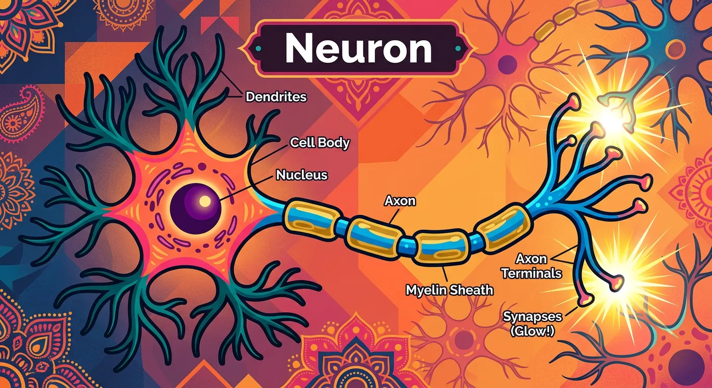Detailed anatomy of a neuron and neuroglial cells.